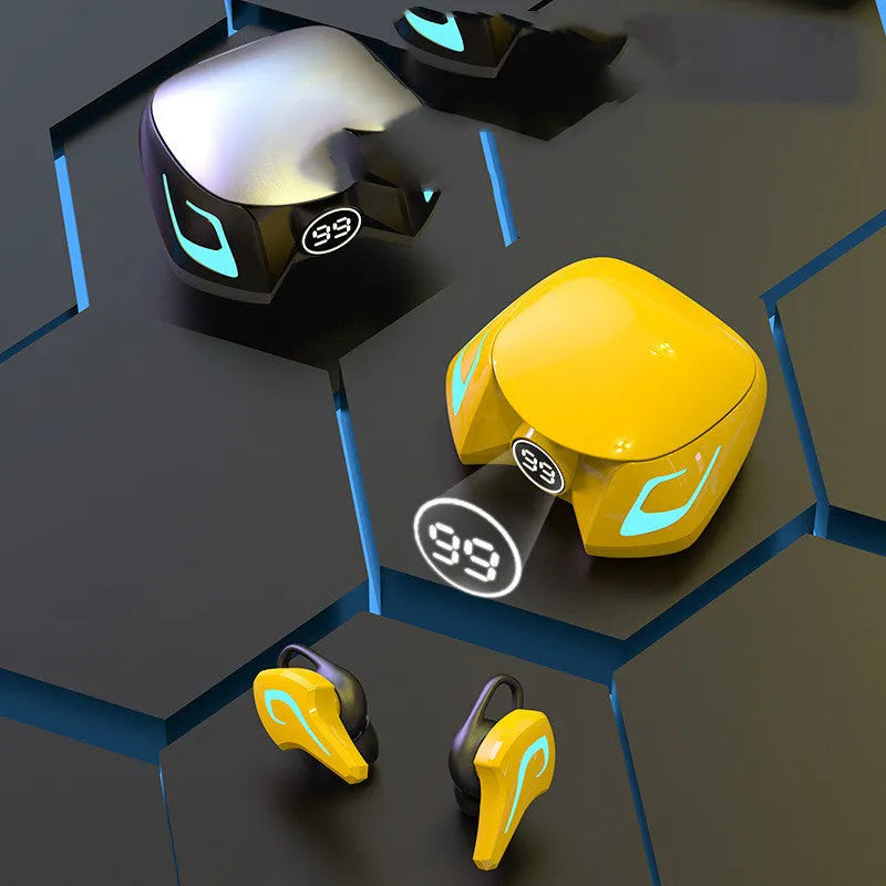 Black and grey in-ear Bluetooth gaming headset with silicone ear tips on a dark background.