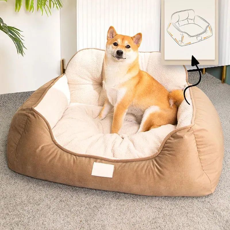 Medium plush foam dog bed in grey with raised edges and non-slip base, size M 60x50x29cm