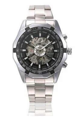 Top brand luxury wristwatch with hollow black dial, 42mm stainless steel case, and brown leather strap on wrist