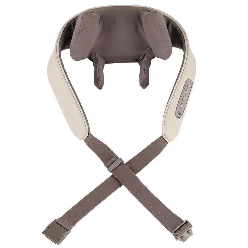 Milky white rechargeable shoulder and neck kneading massager with infrared physiotherapy