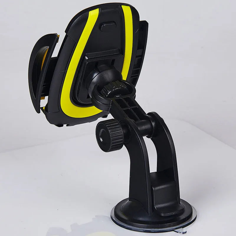 Blue U-shaped suction cup car phone holder with wide clamp arms, mounted on a dashboard holding a mobile phone.