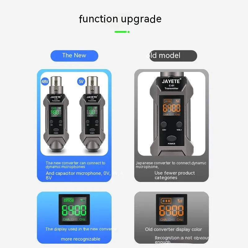 Moving coil microphone converter wireless transmission receiver set with transmitter, receiver, converter head, and charging cable
