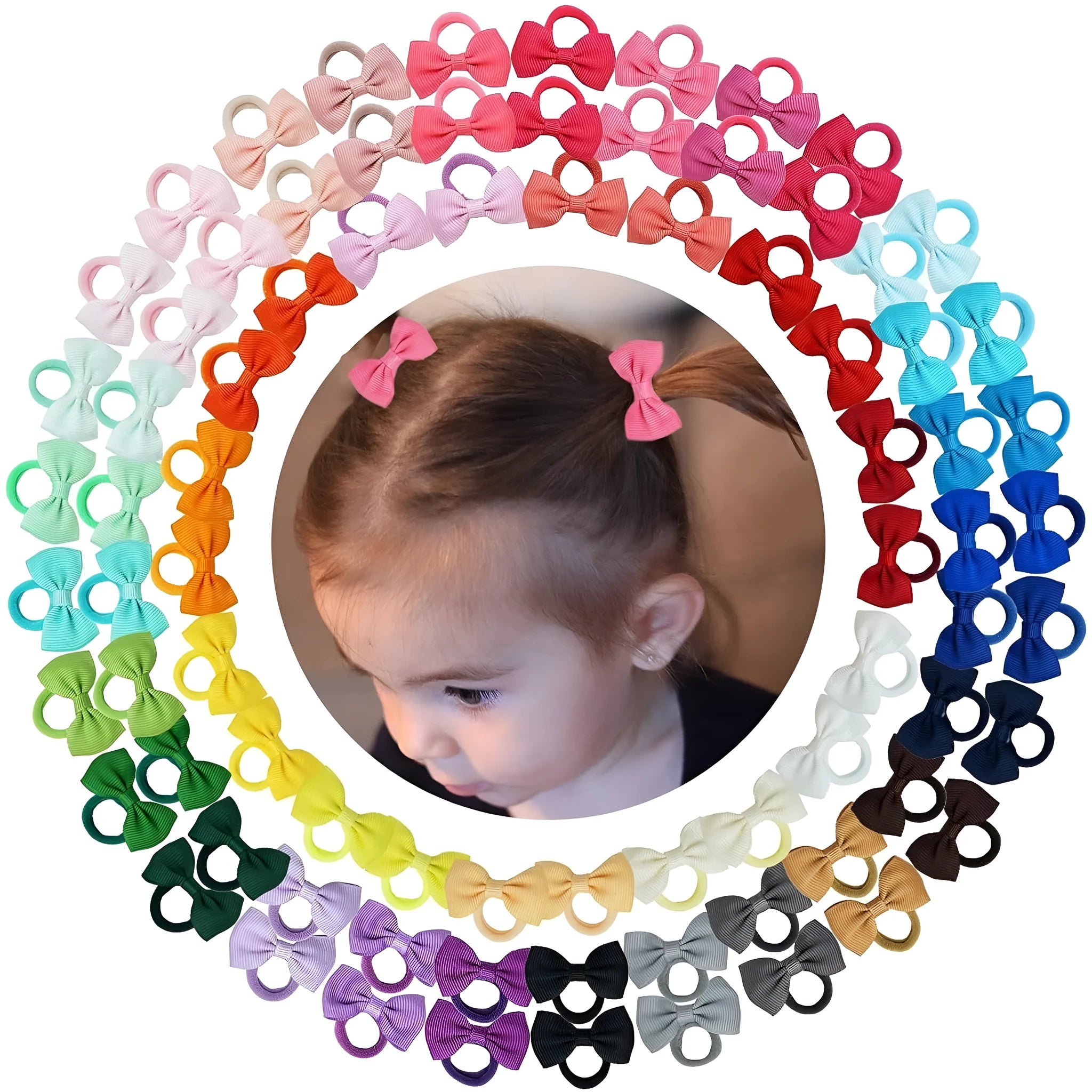 80 piece set of tiny 2 inch grosgrain ribbon baby hair bows with matching elastic bands in multiple colours