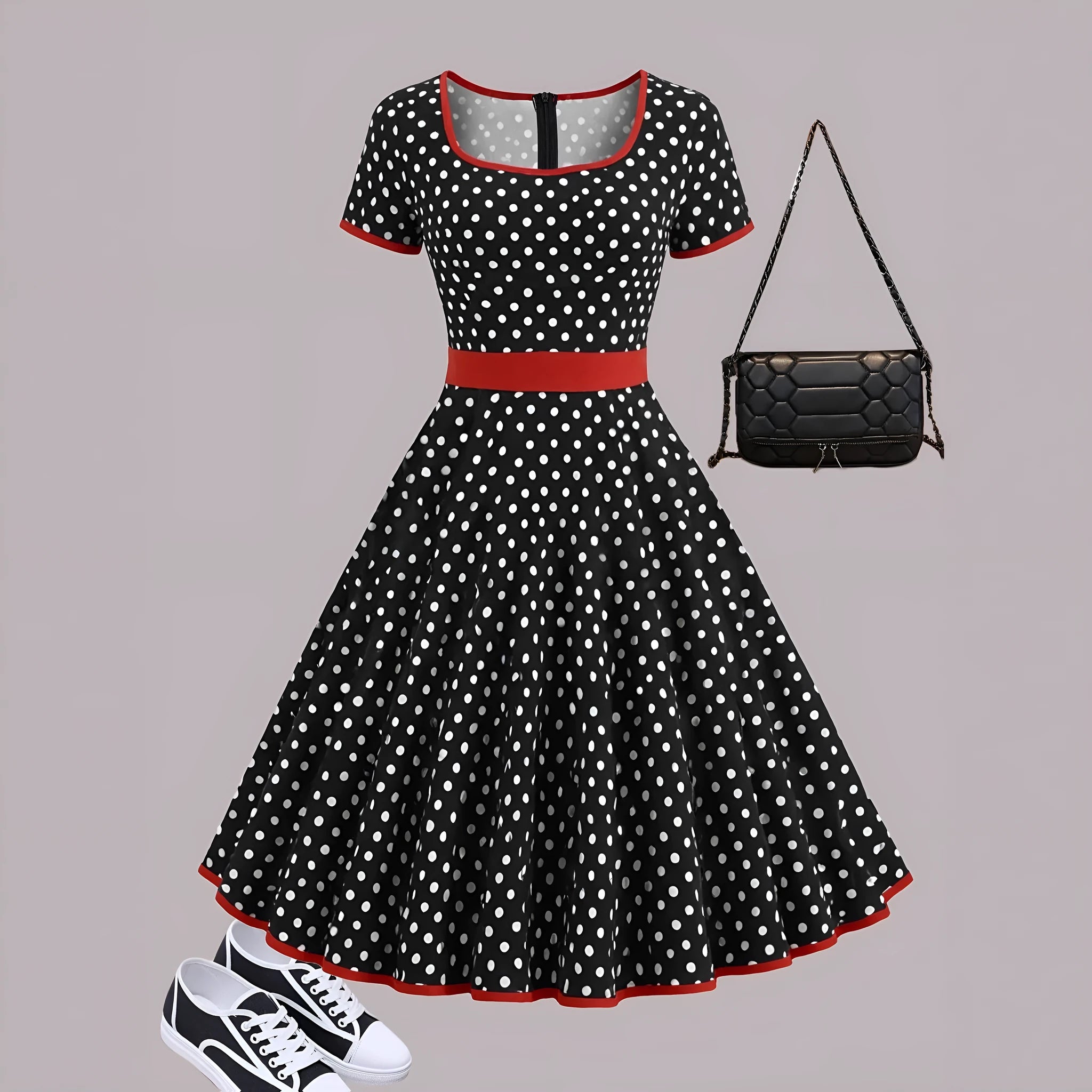 Multicolour polka dot dress with square collar, short sleeves, front zipper, and pleated midi skirt on a hanger.