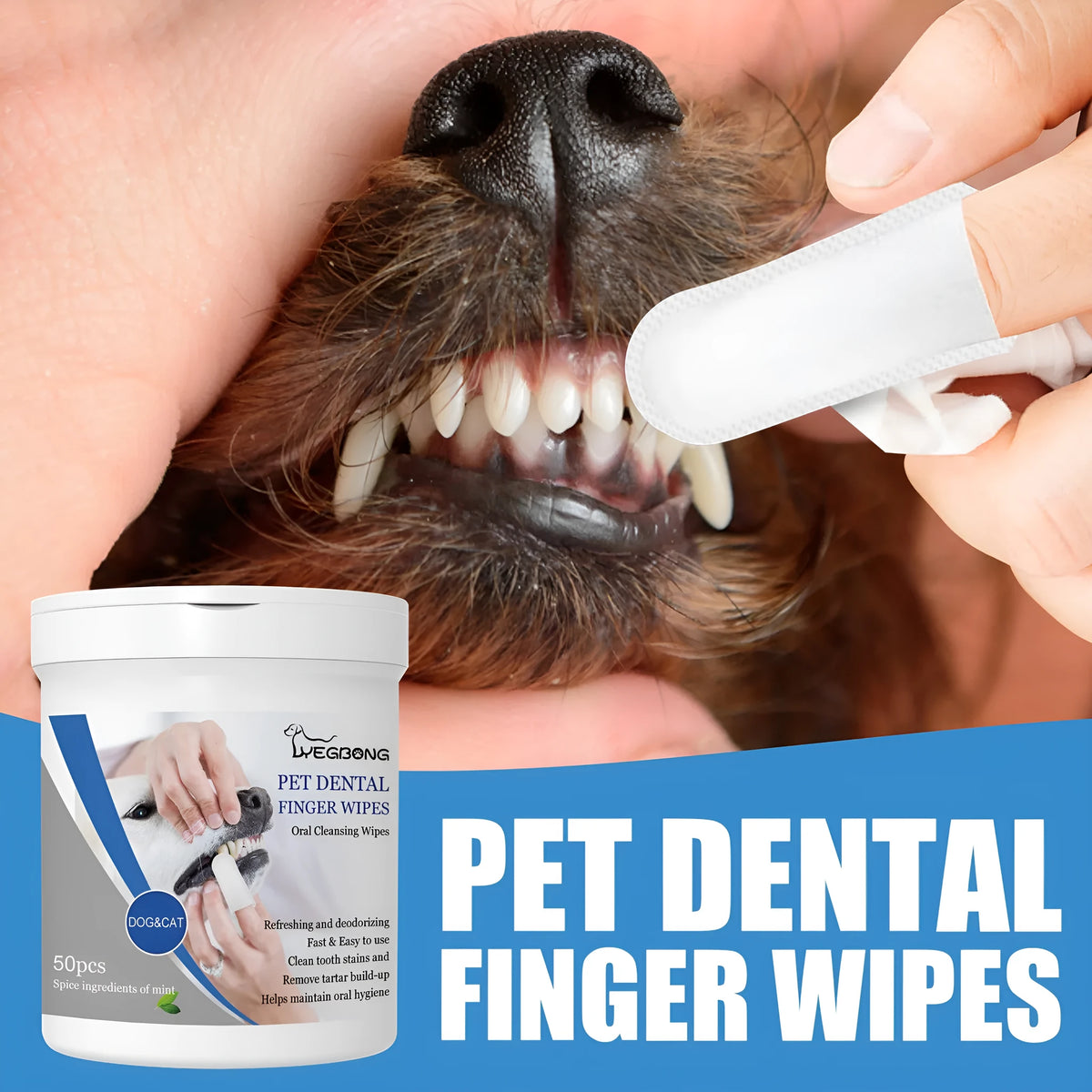 Dog dental cleaning kit showing finger stall and can containing 50 teeth cleaning wipes