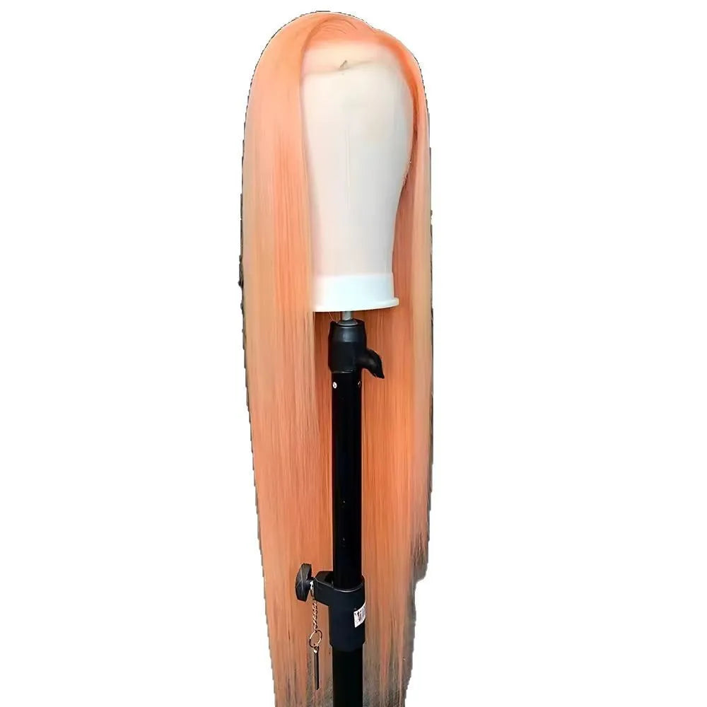 Light orange long straight front lace wig with side bangs on display