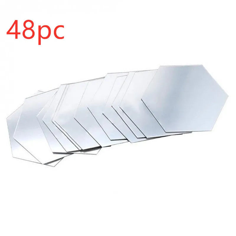 Hexagonal silver PS mirror wall sticker on a wall surface close up