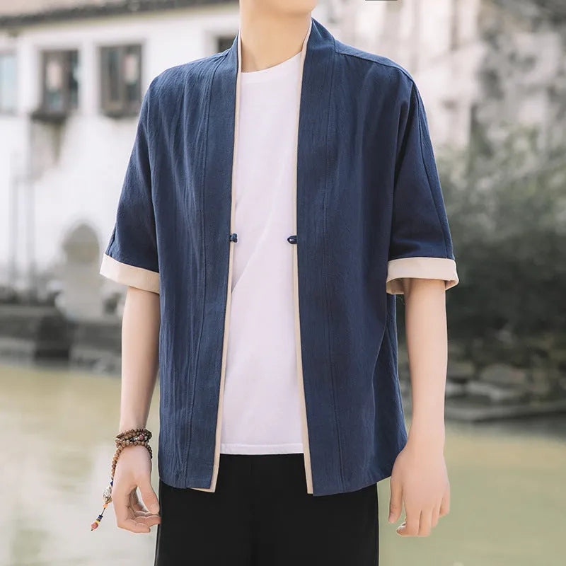 Women's loose-fit buckle cardigan robe kimono in black, Chinese style short sleeves lapel collar