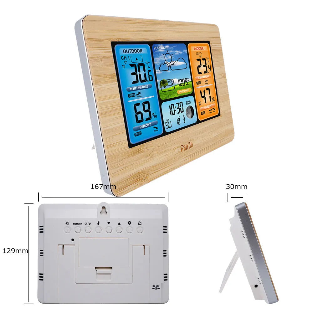 Rectangular black weather clock station with LCD display showing time, temperature, and humidity readings