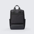 Black Oxford cloth computer backpack showing organisational storage compartments and laptop section