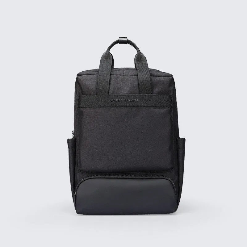 Black Oxford cloth computer backpack showing organisational storage compartments and laptop section