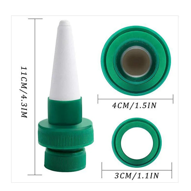 Green ceramic plant dripper for attachment to a cola bottle for automatic flower watering.