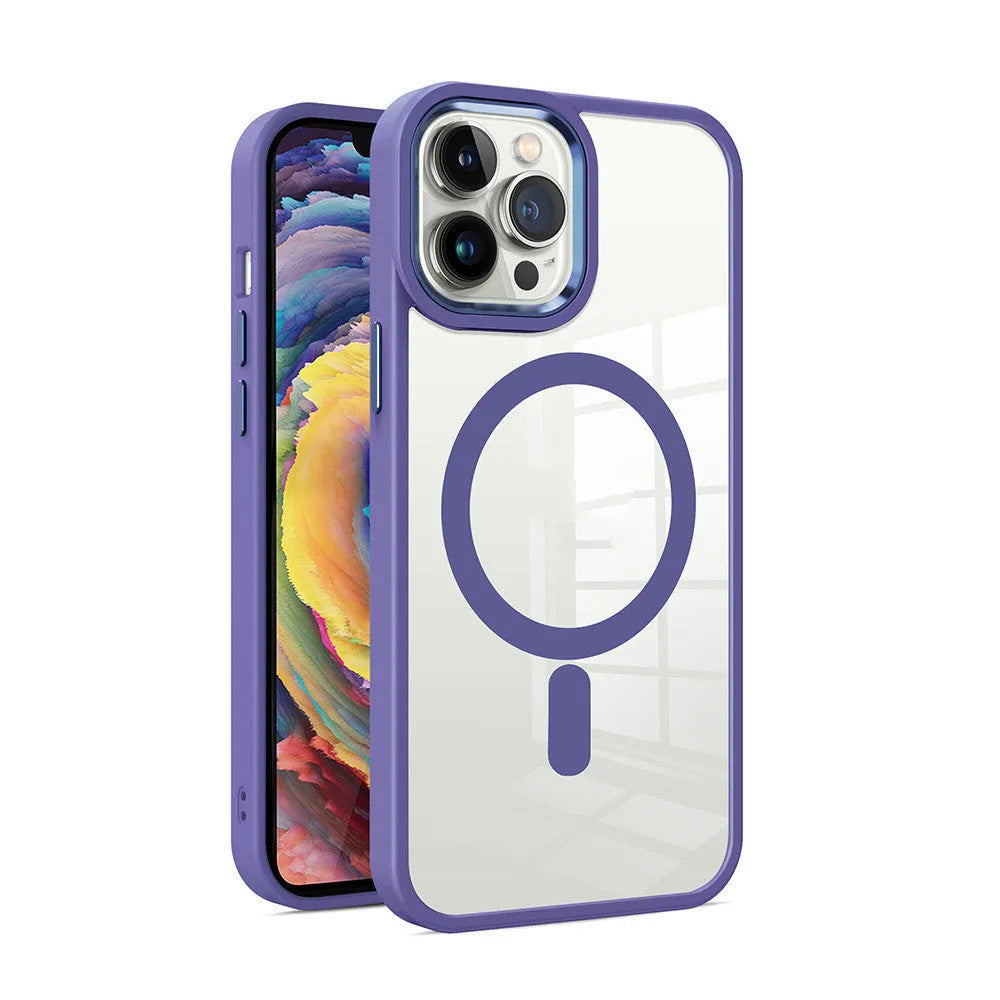 Transparent magnetic silicone phone case for iPhone showing colour options and MagSafe compatibility.