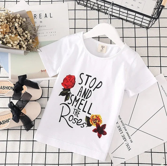 Girls 2 piece outfit with white t-shirt and denim skirt, black or red letters, sizes 100cm to 140cm