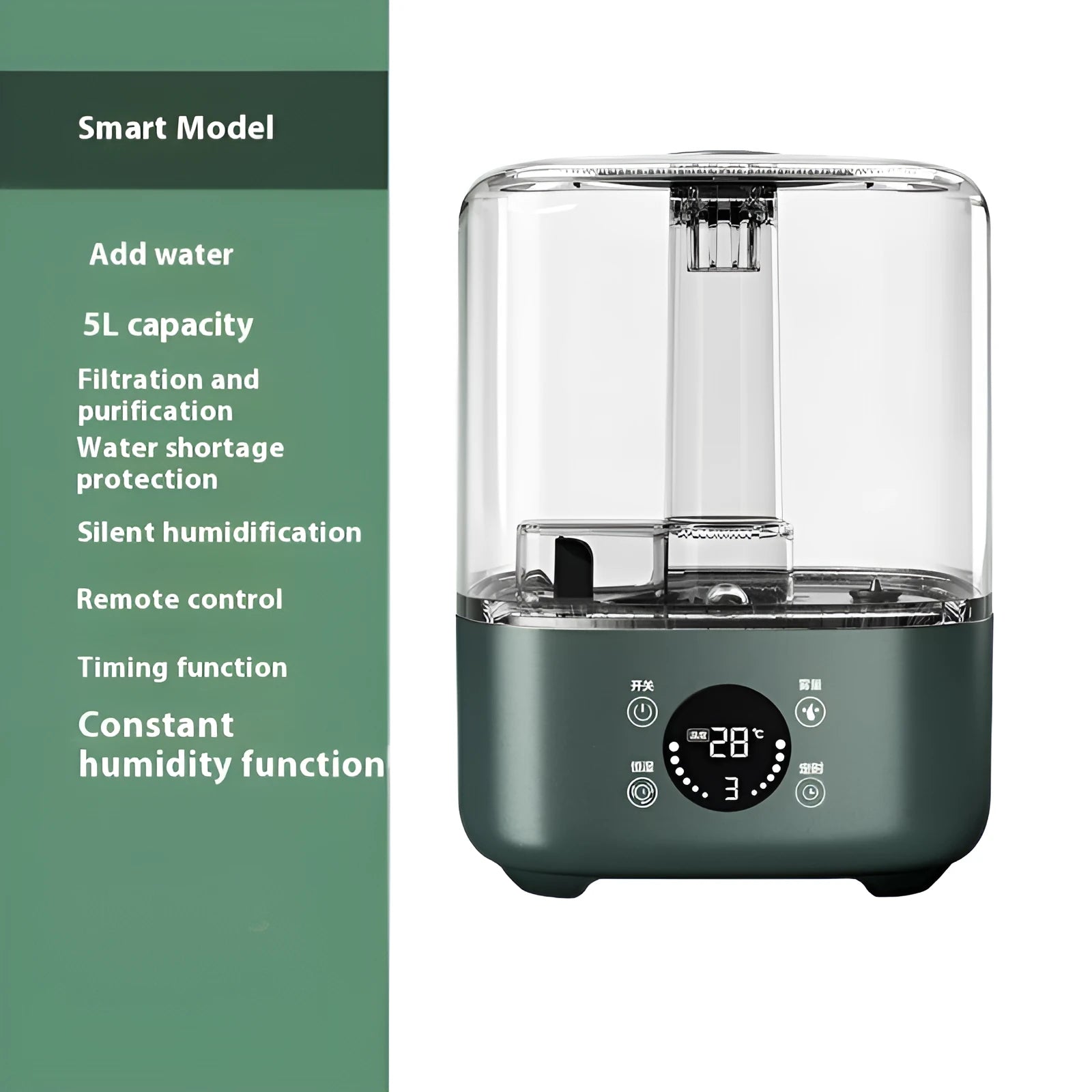 Green KC-112 intelligent large capacity humidifier with touch screen and remote control on a table.