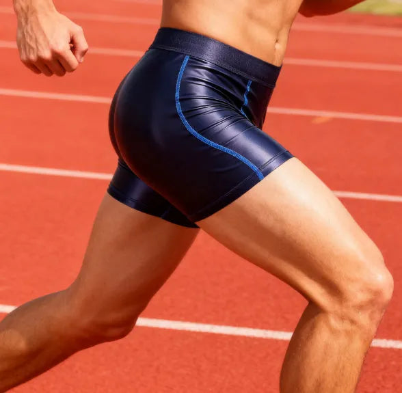 Men's double-layer sports boxers in black, breathable nylon fabric, mid-waist design