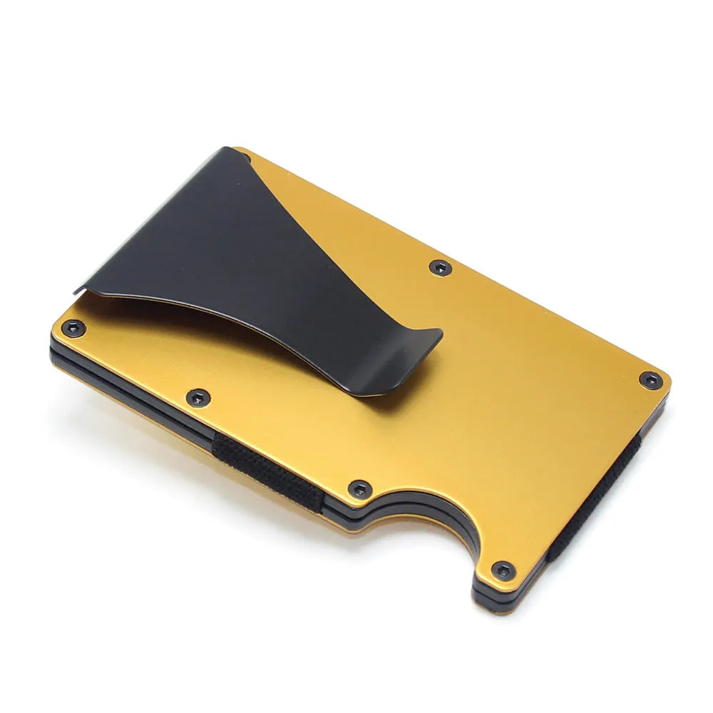 Geometric aluminium and carbon fibre card holder in multiple colours on a table, showing slim 8mm profile.