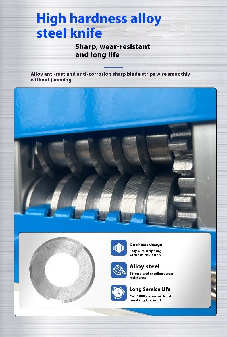 SD-017 manual wire stripping machine with crank handle on a workbench, showing scale against a cable.
