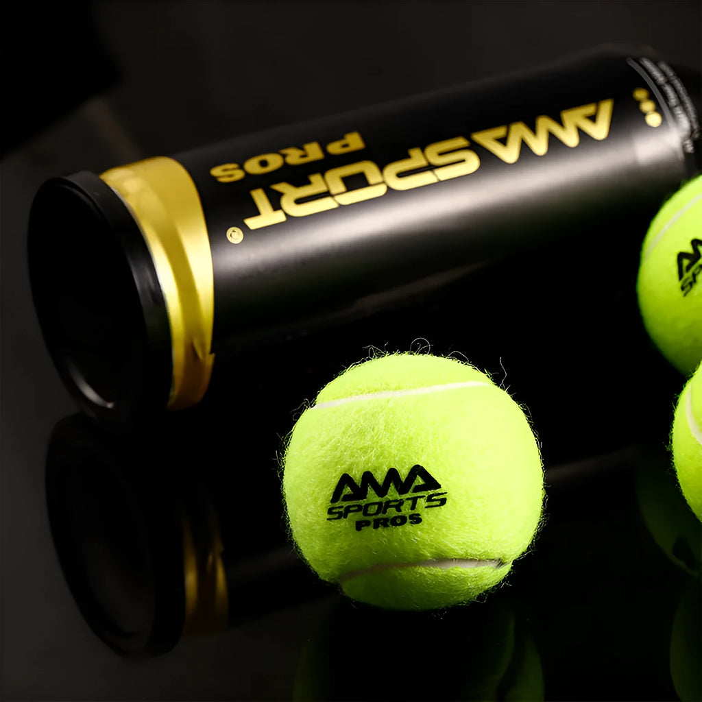Three cage plate tennis training balls in black, green, and yellow colours