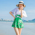 Women's green printed one-piece chemical fibre swimsuit showing front design