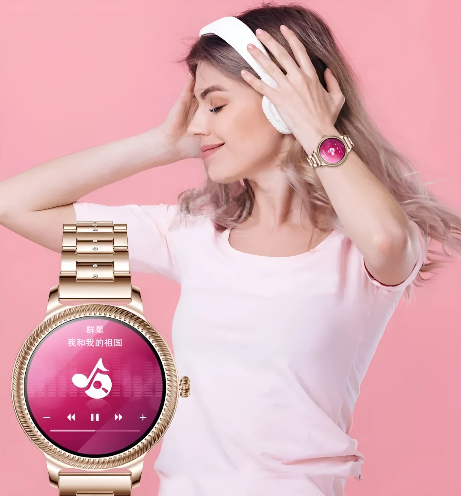 AK38 ladies smart watch with stainless steel band on a wrist, showing its 1.09-inch screen.