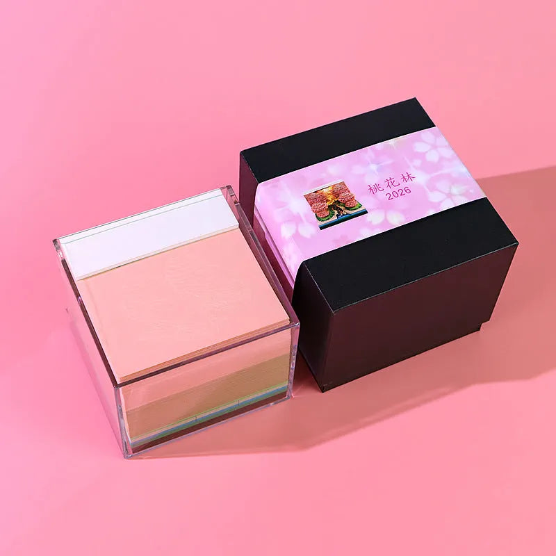 Peach Blossom Forest paper-cut calendar with 2026 weekly layout and paper brick design
