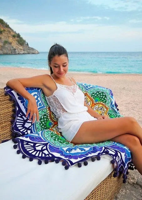 Round 150cm printed tassel yoga mat and beach towel in retro ethnic design with colour options