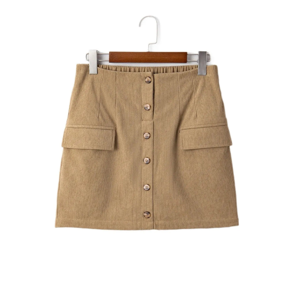 Women's corduroy hip skirt in coffee colour with sewn button detail, short street style skirt, sizes S to XL