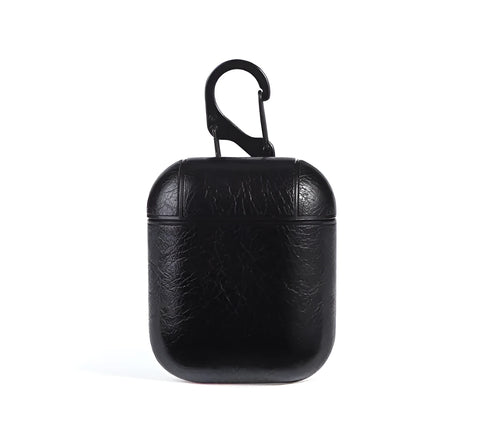 Genuine leather protective pouch for Apple Airpods charging case in black, brown, light brown, and red colours.