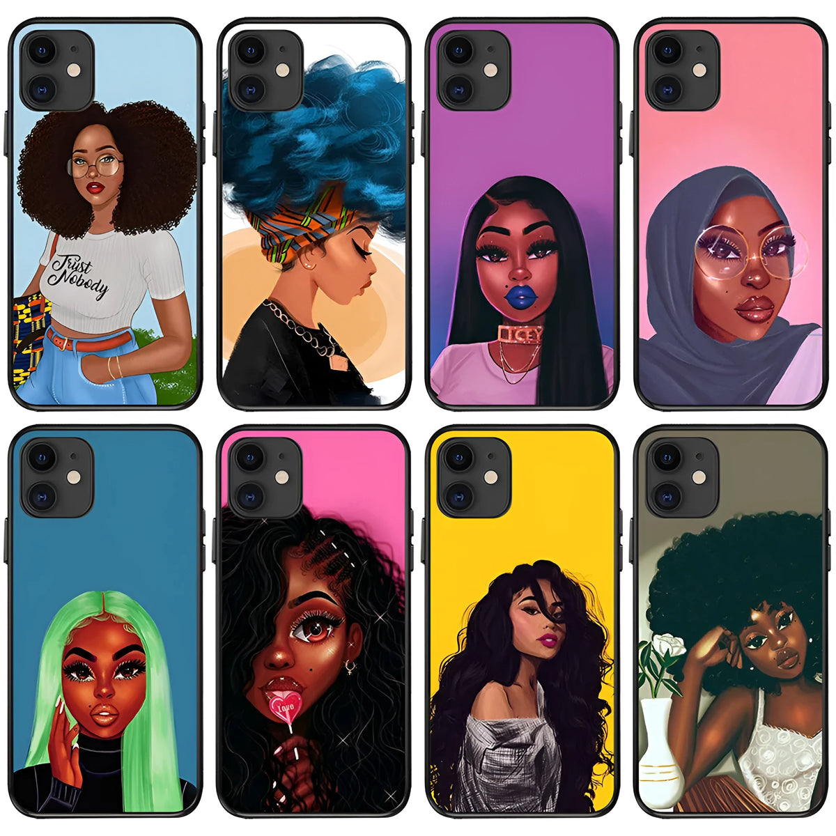 Black girl phone case with graffiti pattern, TPU PC back cover for iPhone, waterproof and drop resistant.