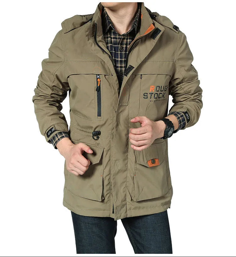 Men's spring thin jacket with hood and stand collar in black, waterproof nylon shell, available in sizes M to 4XL