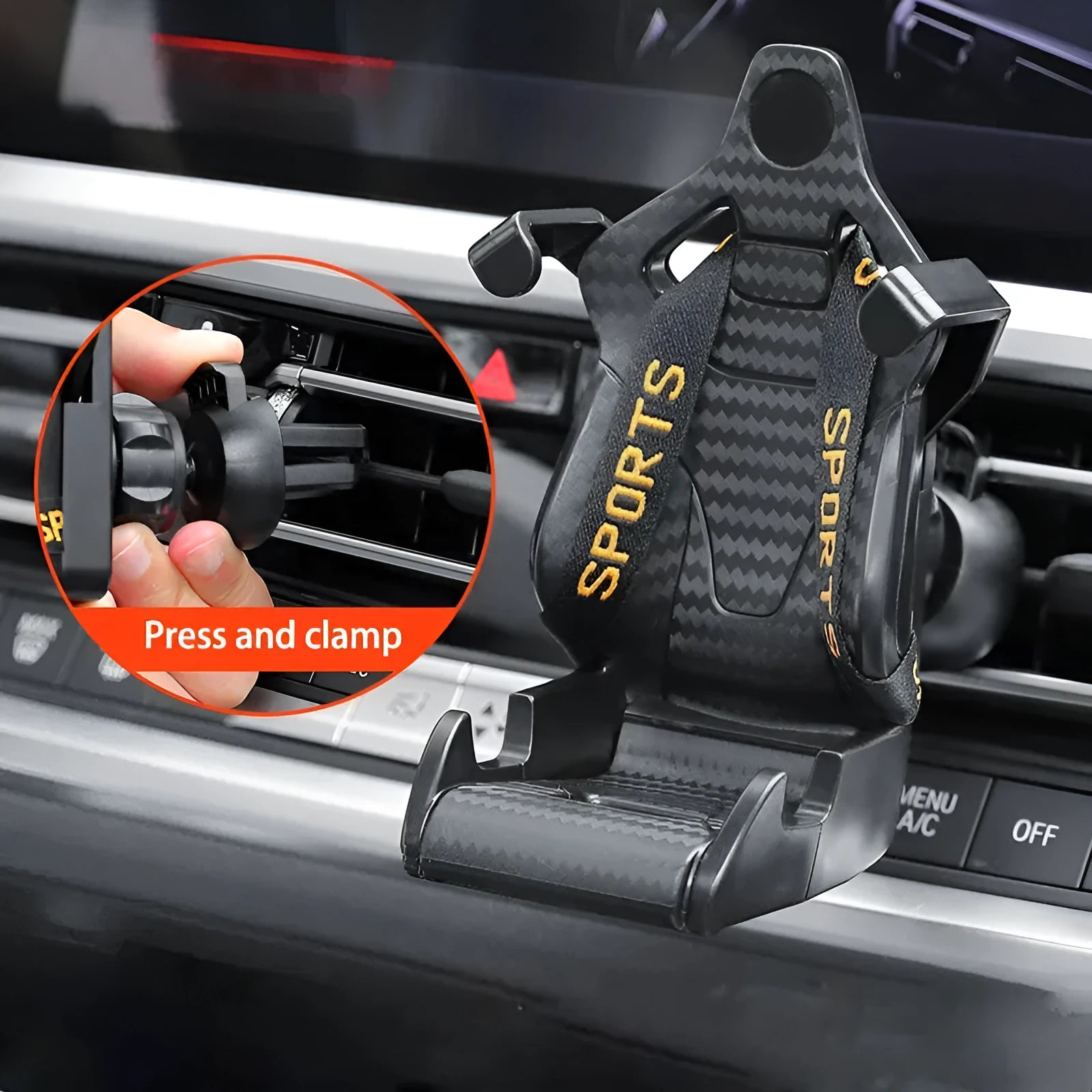 Gold car air vent phone holder with racing seat shape mounted on a car vent, showing 360-degree rotation.