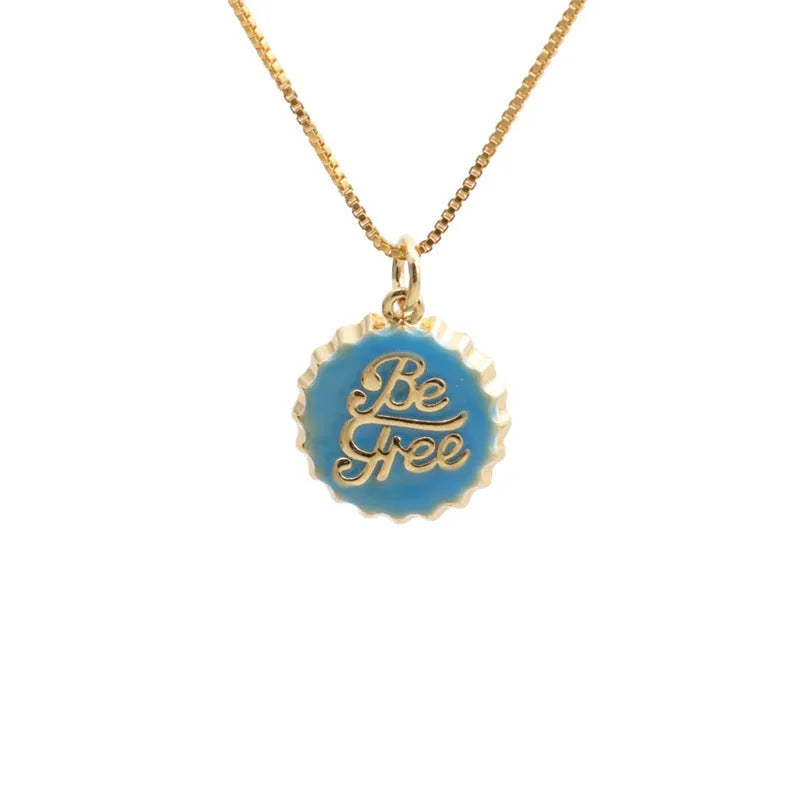 Gold electroplated copper bottle cap pendant on a 40cm box chain necklace.