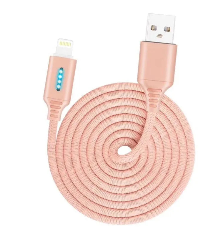 Fabric braided USB charging cable, 1 metre long, with connectors for phone and USB port.