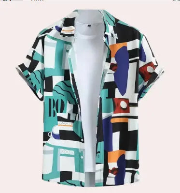 Men's camouflage pattern short sleeve shirt with digital printing and 3D stitching details on polyester fabric