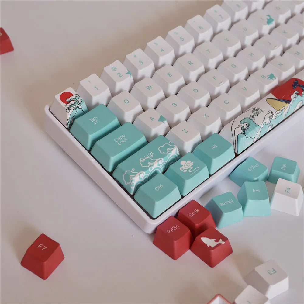 Coral Sea themed PBT keycap set for Xiaoyan mechanical keyboards with personalised large button.
