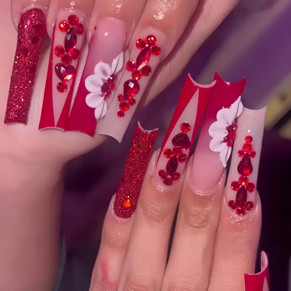 Press-on false nails with sweet flowers pattern and red diamond accents in European Square long style.
