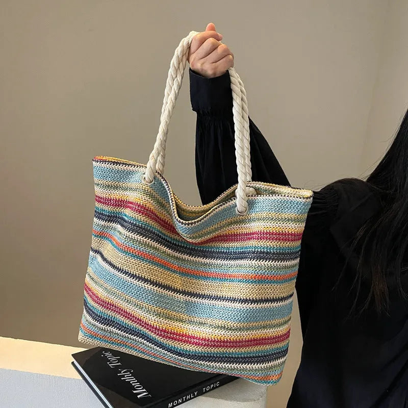 Blue straw woven single shoulder bag with large capacity and polyester lining