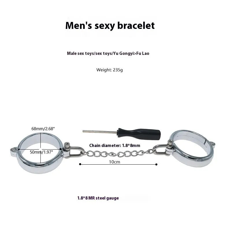 Silver zinc alloy handcuffs and footcuffs set with stainless steel watch bracelet, four size options