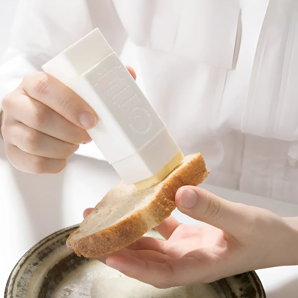White butter applicator box with 6x6x3cm butter stick, polypropylene storage container for kitchen baking.