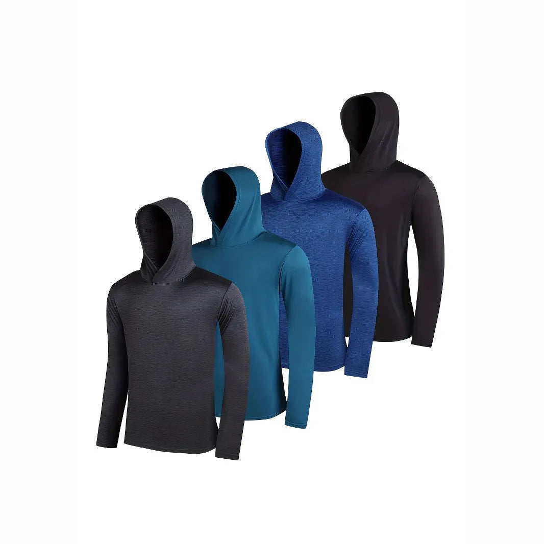 Set of four men's lightweight hoodies in elastic polyester fabric, shown in multiple colours.