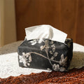 White and red embroidered white plum brocade fabric tissue box cover with optional pearl buckle, shown next to measurements.