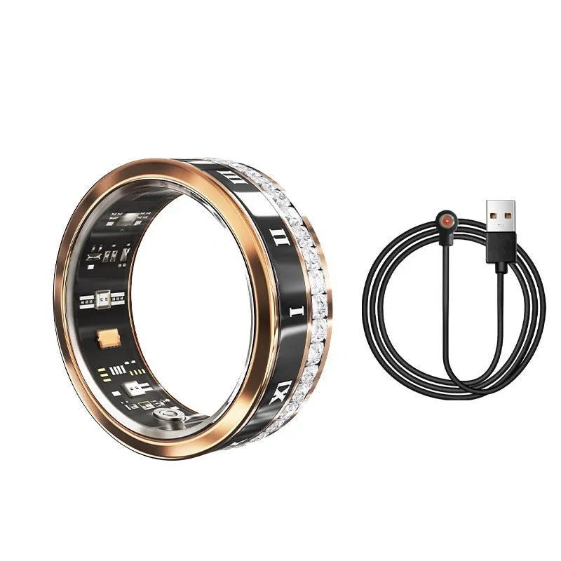 Diamond inlaid smart ring in silver and gold colours with blood oxygen monitoring technology