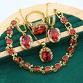 Complete zircon jewellery suit with necklace, earrings, and ring on snake bones chain in olive green colour
