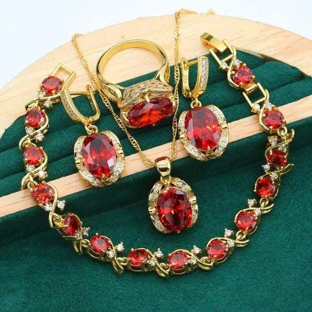 Complete zircon jewellery suit with necklace, earrings, and ring on snake bones chain in olive green colour