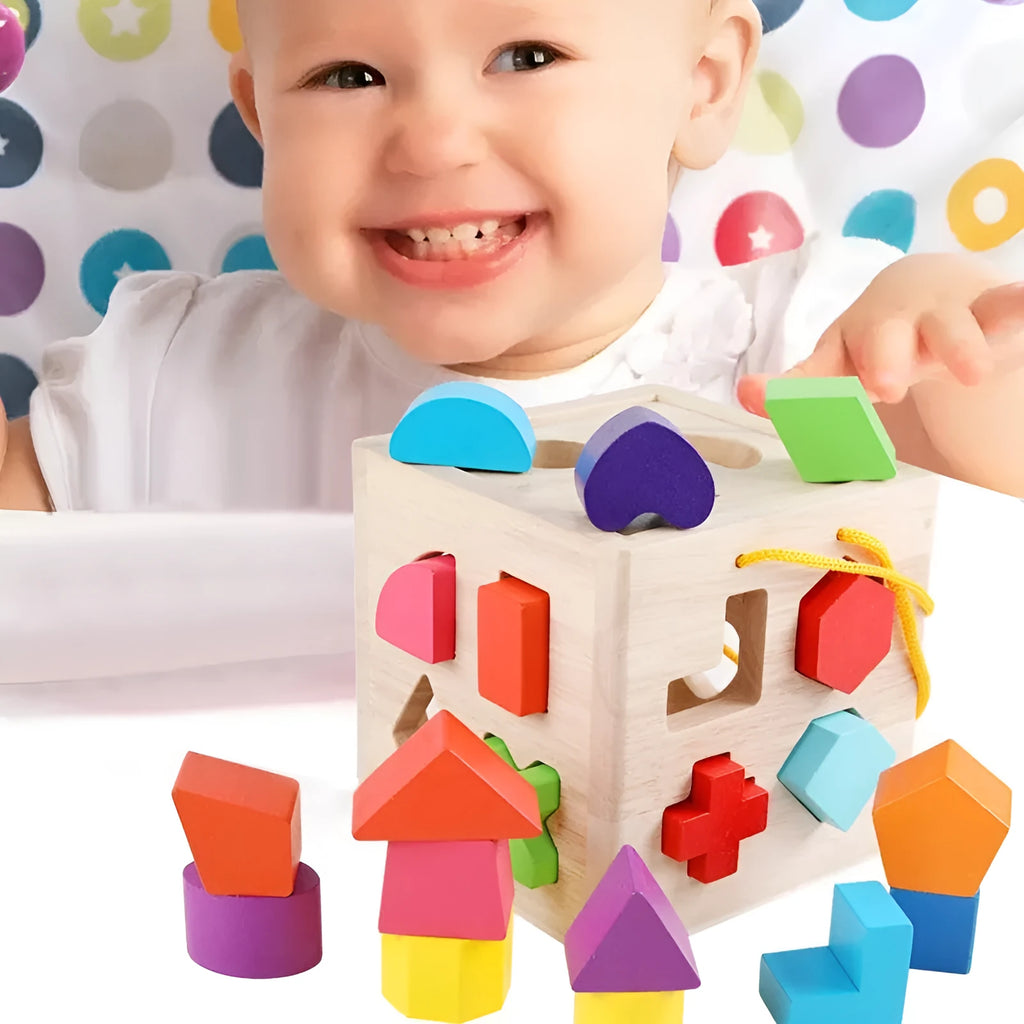 Wooden geometric shape matching building blocks set for infants with colourful pegs and intelligence boxes.