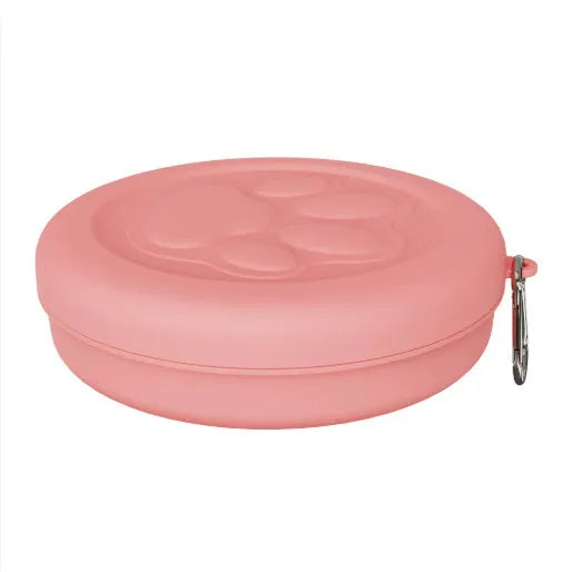 Collapsible portable dog bowl in light pink and green colour options showing folded and unfolded positions
