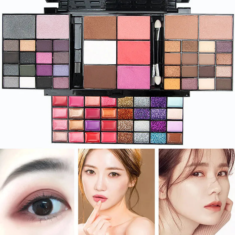 74 colour makeup palette with eyeshadows, lip glosses, concealer, blush and contouring powders in layered plates