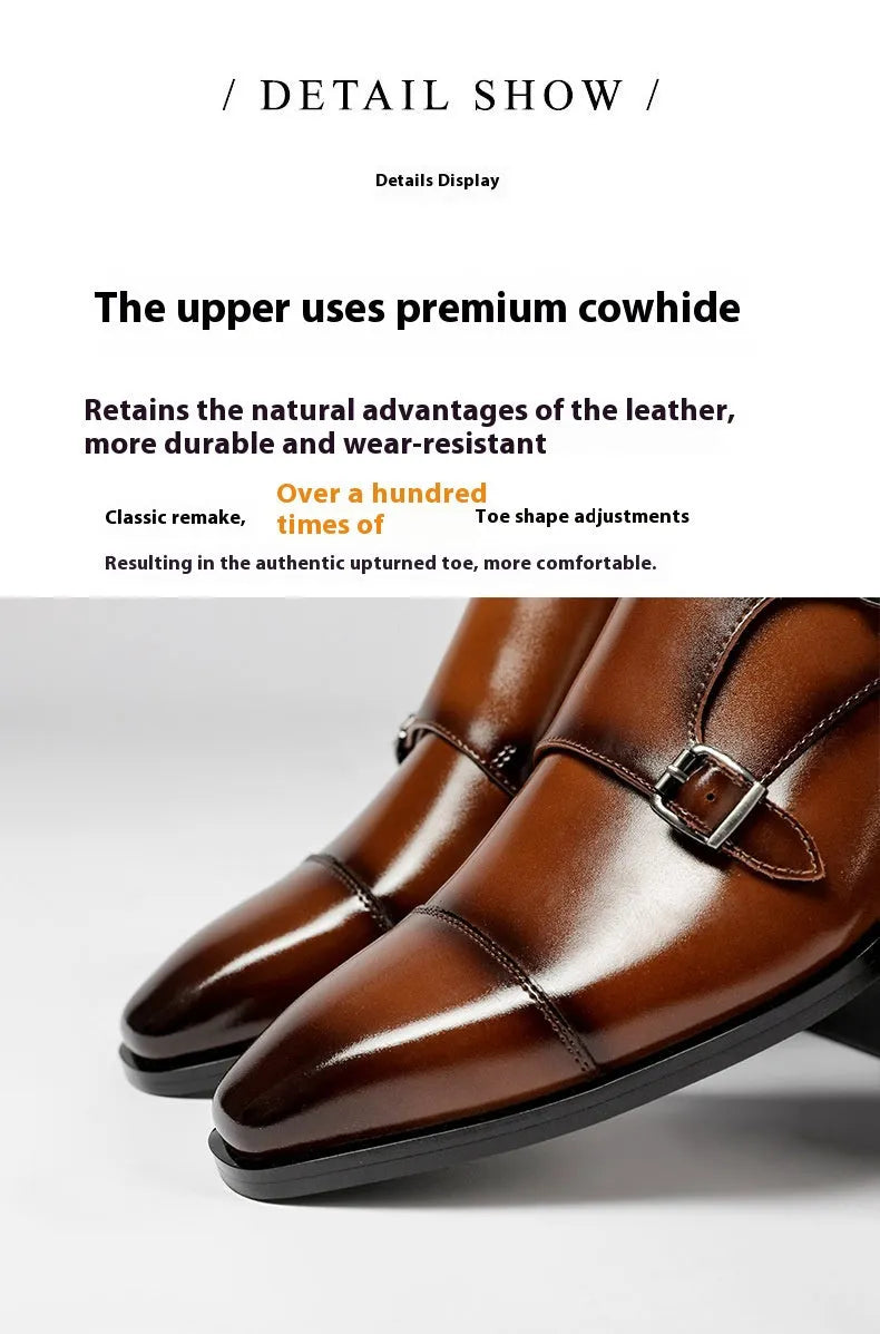 Men's black leather business shoes with square toe and rubber soles in British gentleman style