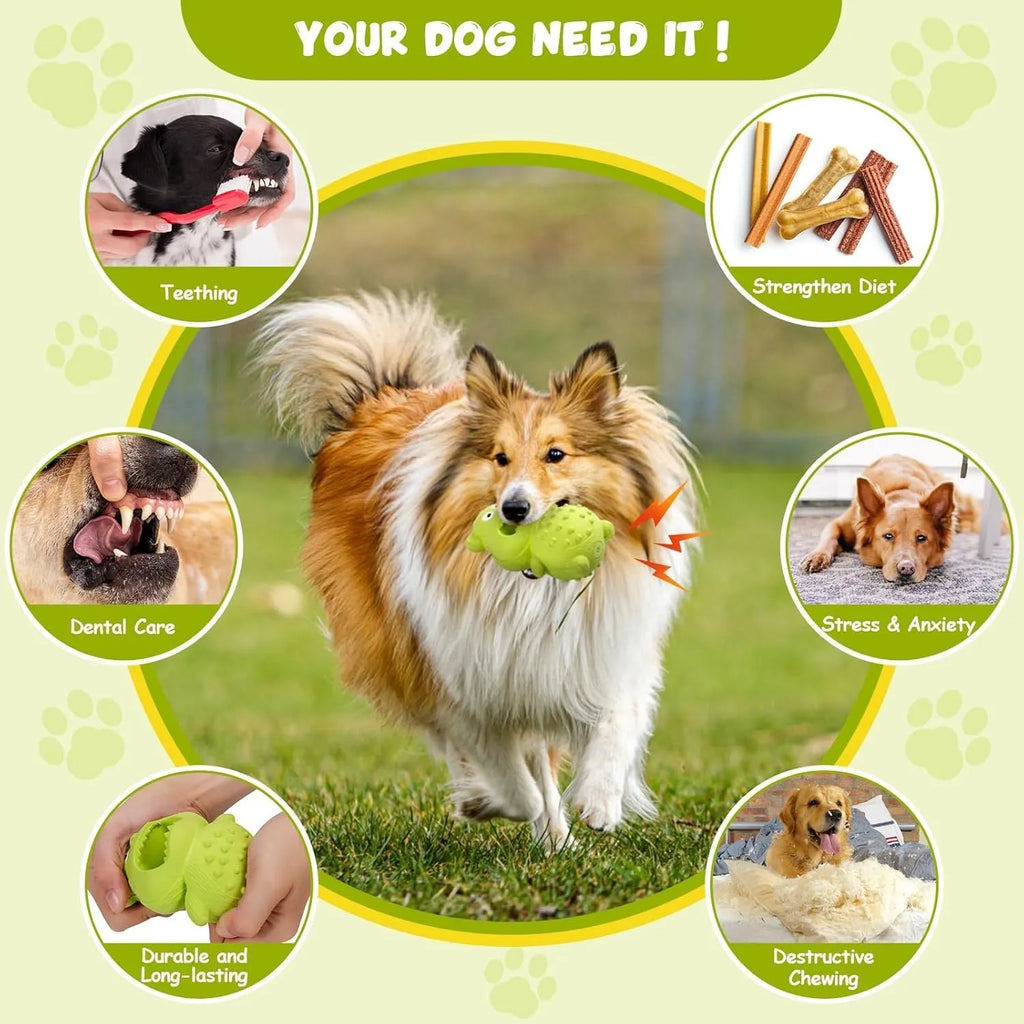 Green and yellow thick natural rubber squeaky dog chew toy for large breed aggressive chewers.